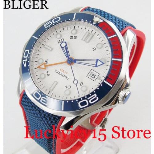 BLIGER 41mm White Nologo Dial Sapphire Crystal Date Window Rubber Strap Mechanical Wristwatch