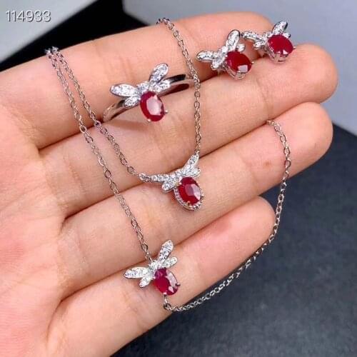 Heated Pigeon Blood Ruby Jewelry Sets for Women Party Necklace Earrings Bracelet and Ring Fine Jewelry Real Red gemstones Bow