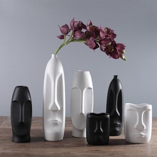 Nordic Minimalist Ceramic Abstract Vase Black and White Human Face Creative Display Room Decorative Figue Head Shape Vase