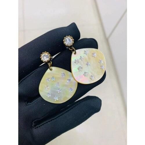 Vintage style nature mother of pearl brand letter name earrings five-point cz stone drop dangle earrings famous brand jewelry