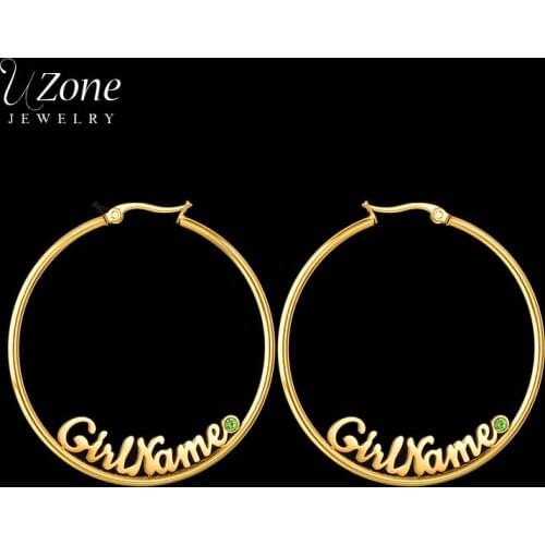 UZone Custom Name Big Hoop Earrings With Color Stone Stainless Steel Personalized Letter Circle Earrings For Women Girl Brincos
