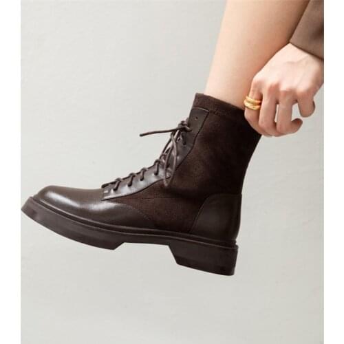 Winter Boots Women 2020 Genuine Leather High Stretch Lace-up Boots Platform Flat Heel Round Toe Short Boots Warm Womens Boots