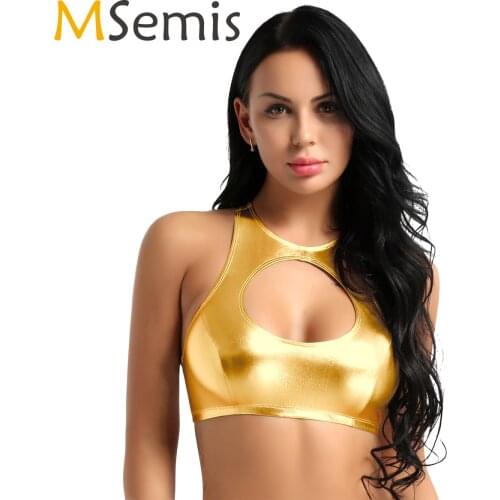 Women Pole Dance Costume Crop Tops Wetlook Faux Leather Sleeveless Shiny Metallic Cut Out Vest Punk Crop Tank Tops Rave Outfits
