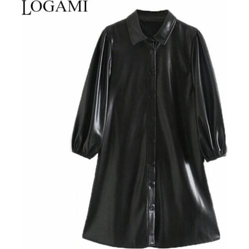 LOGAMI PU Leather Mini Dress Lantern Long Sleeve Streetwear Female A Line Dresses Turn Down Collar Sexy Dress