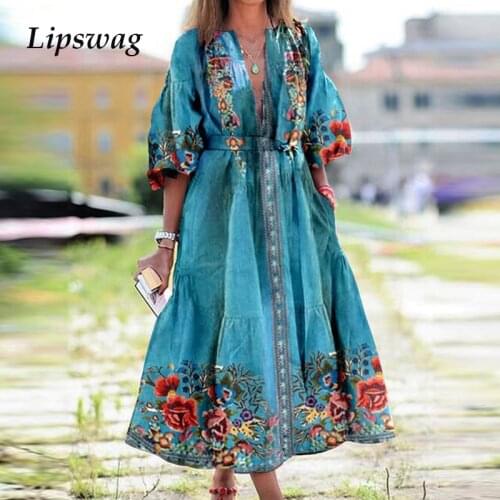 Elegant Lantern Sleeve O-neck Women Dress Autumn Ladies Vintage Print Belt Party Dresses Casual Fashion Loose Dress Vestidos 3XL