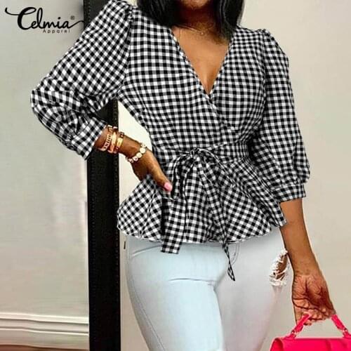 2021 Summer Vintage Plaid Blouse Celmia Women Ruffles Peplum Tops Wrap 3/4 Sleeve V Neck Casual Loose Party Shirt Plus Size 5XL