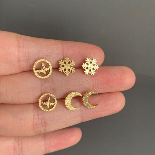 3 pairs Simple Mix Matte Gold Color Moon Snowflake Round Earring Set Women Girl Small Stainsteel Steel Ear Studs Cuff Jewelry