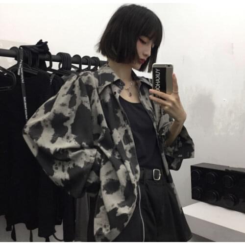Deeptown Tie Dye Gothic Shirt Women Harajuku Vintage Oversize Streetwear 2021 Punk Long Sleeve Pattern Cardigan Grunge Kpop Chic