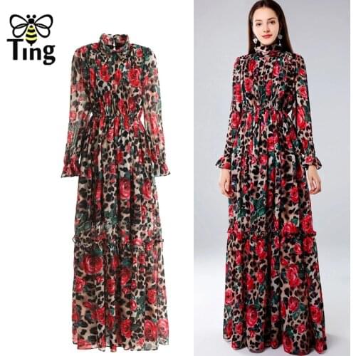 Tingfly Leopard Rose Flower Gorgeous Maxi Long Party Night Dresses Vintage Ruched Retro Longa Elbise Robes Haut Dress Designer