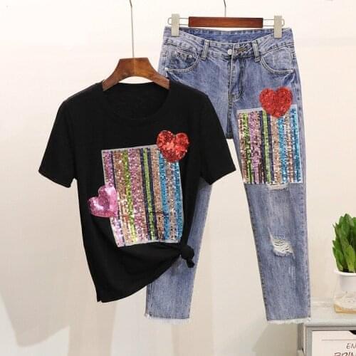 2020 Summer Sequin Heart T-shirts Denim Jeans Pants Sets Cotton Tshirt Hole Ripped Trousers 2 Piece Set Suits Large Size