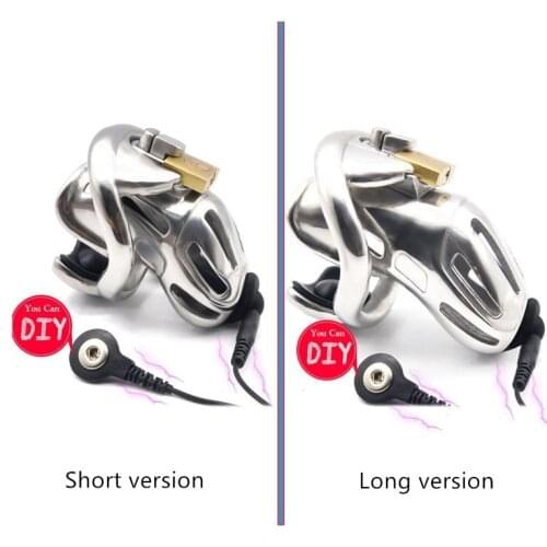 Electric shock male stainless steel long cage Chastity CB6000 metal cock ring ball stretcher penis lock BDSM restraint sex toy