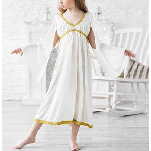 Teen Girls V-neckline Gold Trim Greek Princess Halloween Costume Cosplay Party Dress Up for Goddess Kids Role Play Long Dress