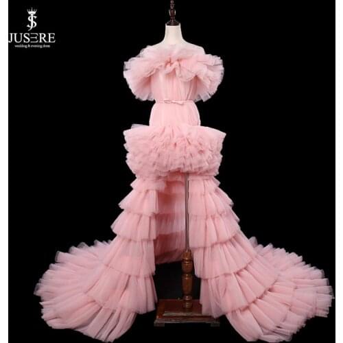 Beautiful Pink Off The Shoulder High-Low Style Evening Dresses 2019 Pleat Backless Lace-up Sweep Train Party Gowns Evening Dress