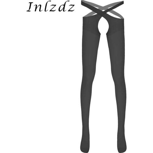 Mens Lingerie Hollow Out Open Crotch Stockings See-through Thin Pantyhose Stretchy Cross Tights Hot Erotic Sexy Costume