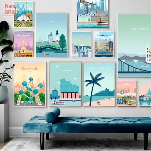 Colorful City Silhouette Wall Art Canvas Painting Nordic Cartoon Poster Abstract Wall Pictures for Living Room Modern Home Decor