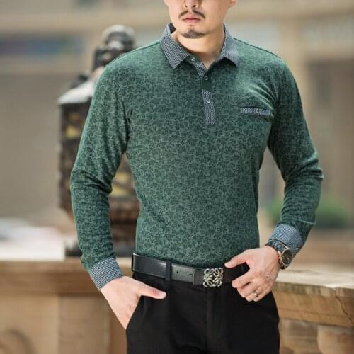 New new Spring autumn polo homme Mens long sleeve Polo shirts collar middle-aged men casual printed cotton full shirts