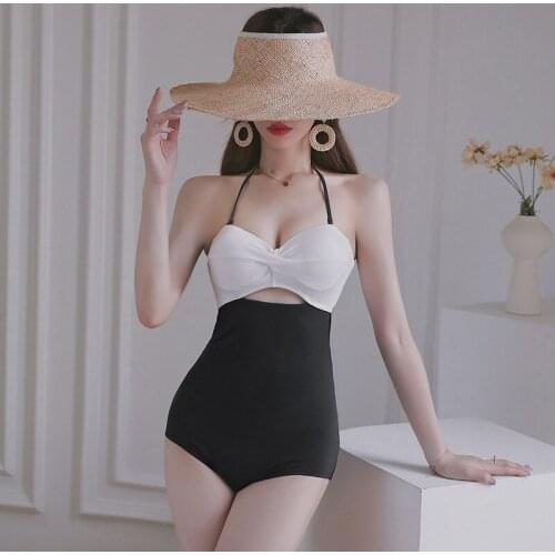 New High-end Swimsuit Female Retro Color Matching Fairy Fan Sexy Backless Slimming Gather Swimwear