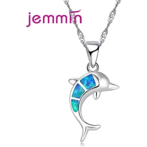 Cute Animal Dolphine Blue Fire Opal Necklace For Girls Birthday Gift Fine 925 Sterling Silver Pendants Necklaces For Lady