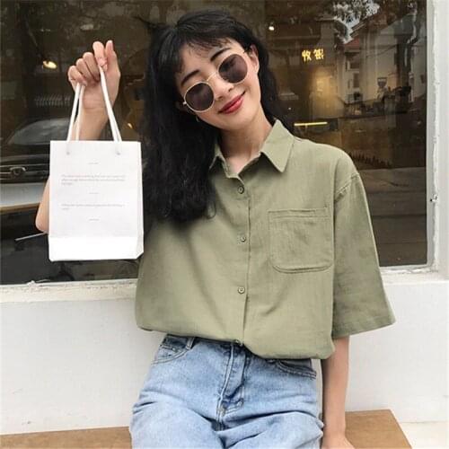 Shirts Women Short Sleeve Turn-down Collar Summer Shirt Pocket Single-breasted Outwear Korean Style Leisure All-match Blouses