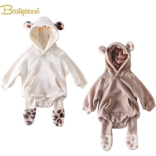Cartoon Winter Baby Boy Romper Plush Lining Baby Winter Clothes Long Sleeve Hooded Infant Girl Jumpsuit Toddler Onesie