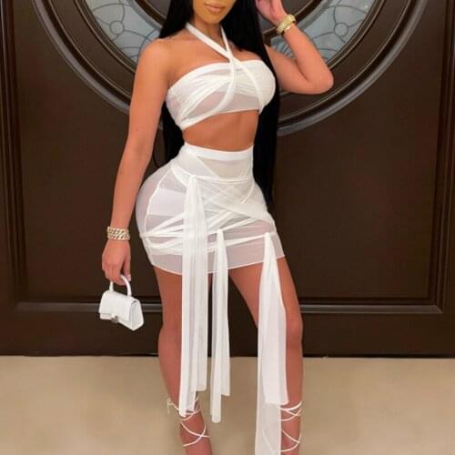 High Waist Women Sexy Mesh Bodycon Outfits Summer Female Solid Perspective Bandage Halter Crop Top and Mini Skirts Beach Club