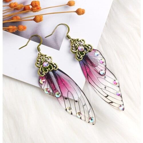 SHUANGR Handmade Wing Drop Earrings Gold Color Fairy Tale Cicada Wings Earrings Rhinestone Purple Earrings Vintage Jewelry