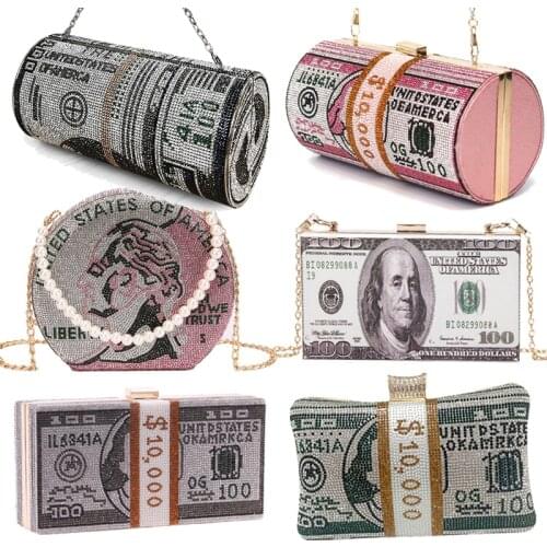 Diamonds Women Clutch Cash Dollars Letter Evening Bags Vintage Metal Chain Shoulder Retro Party Handbags Purse