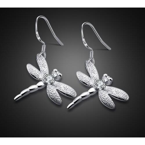 Women Jewelry 100% 925 sterling silver Prevent allergies Cute Dragonfly Drop Earrings For Girl birthday present