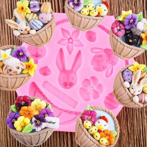 3D Flower Basket Silicone Mould Cake Fondant Decoration Easter Bunny Egg Molds Candy Clay Chocolate Gumpaste Moulds