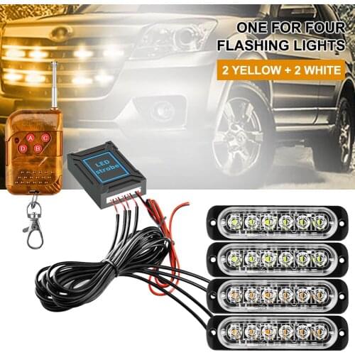 4 In 1 LED Emergency Warning Light 12-24V 6LED Strobe Light Amber/White with Remote Police Flash Grille Light for Car Truck Boat