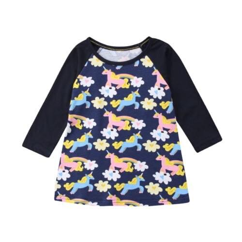 Infant Kids Girls Long Sleeve Cotton Unicorn Dress Tops Party Dresses Clothes Size 1-7Y