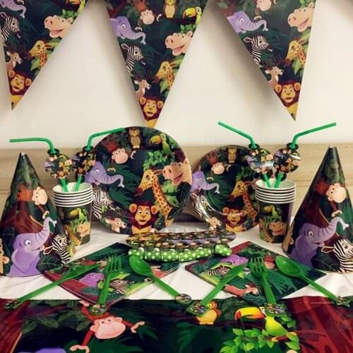 Jungle Animal Party Monkey Lion elephant Safari Birthday Party Decoration Kids Disposable Tableware Cake Toppers Baby Shower