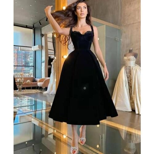 Elegant Short Black Satin Spaghetti Straps Evening Dresses with Pockets Tea Length Zipper Back Lace Formal Party Dress for Women
