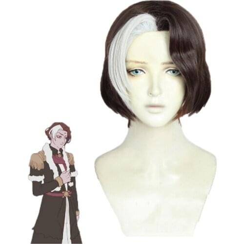 FF14 FFXIV Emet-Selch Brown Silver Short Curly Styled Heat Resistant Synthetic Hair Cosplay Wig + Wig Cap