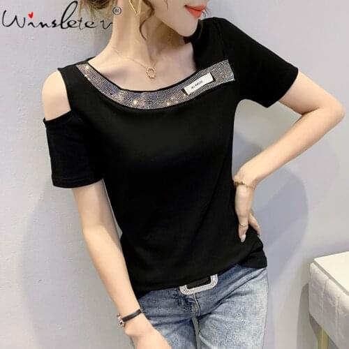 Summer Korean Clothes Cotton T-Shirt Fashion Skew Collar Off Shoulder Shiny Diamonds Women Tops Short Sleeve Tees 2021 T15405A