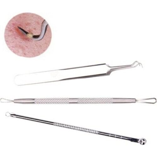3PCS Hot Sale professional Stainless steel Blackhead Acne Pimple Blemish Extractor Remover Clip Needle Curved Tweezers Tools