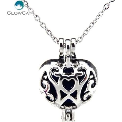K165 Silver Diffuser Heart Locket Necklace Bead Pearl Cage Steel Rolo Chain Aroma Essential Oil Diffuser Locket