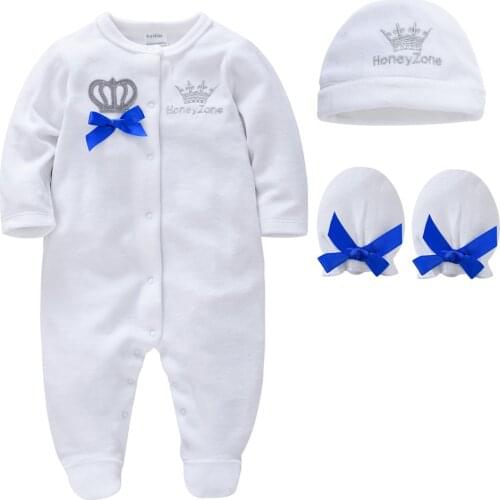 KAVKAS Baby Boy Girl Clothes Set Romper+Hat+Glove Cotton Winter Kids Clothes Long Sleeve Crown Design Newborn bebe Clothing