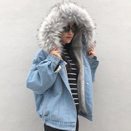 QingWen Women Winter New Fashion Fur Collar Hooded Padded Jacket Thickened Plus Fleece Denim Jacket Female Bomber Short Coat
