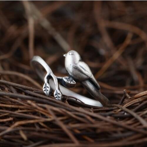 Hot Sale 100% Real 925 Sterling Silver Vintage Ring for Women Handmade Bird Adjustable Ring Fine Jewelry For Birthday gift