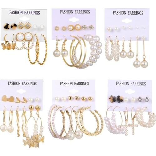 Fashion Mixed Pearl Hoop Earrings Set for Women Minimalist Flower Heart Butterfly Cross Geometric Earrings Statement Jewelry