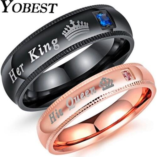 Yobest New Black and Rose Gold Color CZ Stone Her King and His Queen Wedding Ring Jewelry for Men Women Hot Sale DropShipping