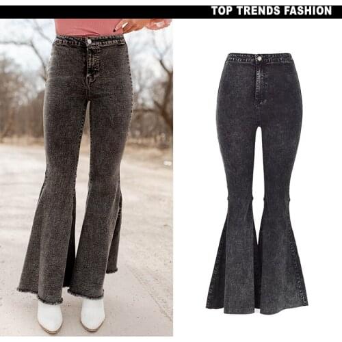 2021 New European And American Womens Retro High Waist Stretch Wash Snowflake Gray Hip Wide Leg Pants Big Flared Denim Trousers