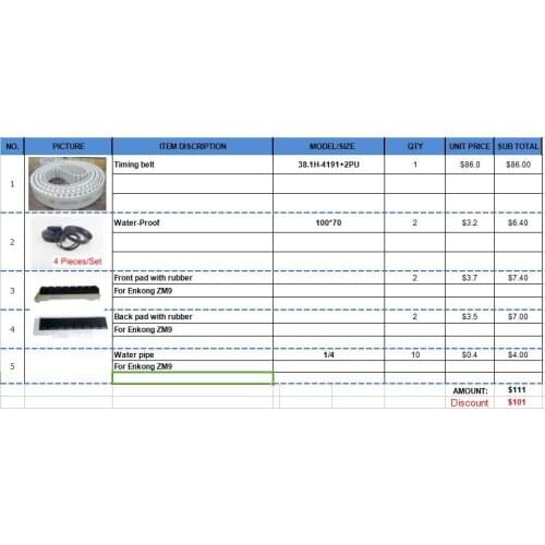 Timing belts, Rubber pad, Al base for Enkong-ZM9