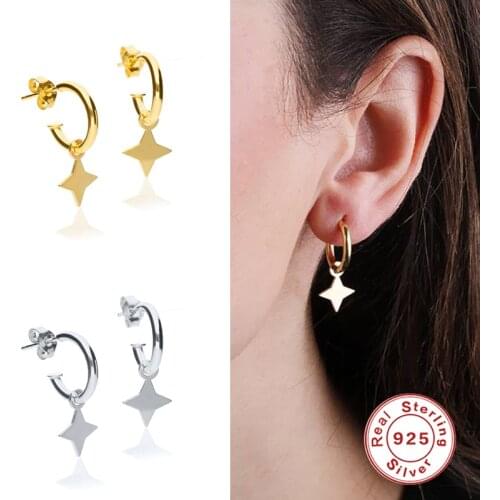 GS 925 Sterling Silver C Shape Hoop Earrings With Star Pendant Circle Piercing Earring Luxury Fine Jewelry For Women Party