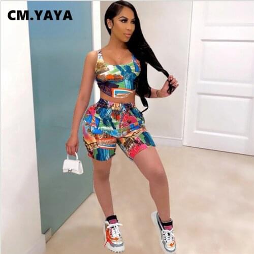 CM.YAYA Women Set Print Sleeveless Crop Tanks Tops Strechy Shorts Two 2 Piece Sets Active Tracksuit Fashion Outfit Summer 2021