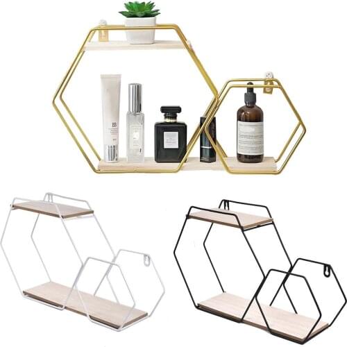 Hexagon Rack Wrought Iron Hexagon Grid Wall Shelf Combination Wall Hanging Living Room Bedroom Geometric Figure Wall Decoration