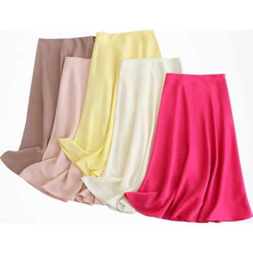 Tangada women solid quality satin midi skirt vintage side zipper office ladies elegant chic A-line skirts
