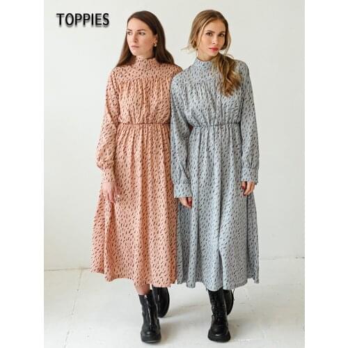 Toppies Dress 2021 Women Dress Midi Dress Long Sleeve Print O Neck Elastic Waist With Zipper Korean Fashion Сlothings