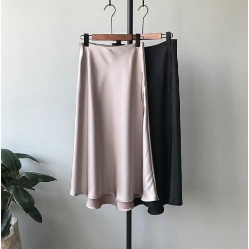 Vintage Ol Ladies Summer Skirts Womens Midi Maxi Long High Waist Satin Skirt Women Elegant Silk A-Line Solid
